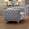 Single Seater Grey Sofa Classic Armchair Button Tufted in Velvet Fabric with Metal Legs - Image 7