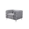 Single Seater Grey Sofa Classic Armchair Button Tufted in Velvet Fabric with Metal Legs - Image 2