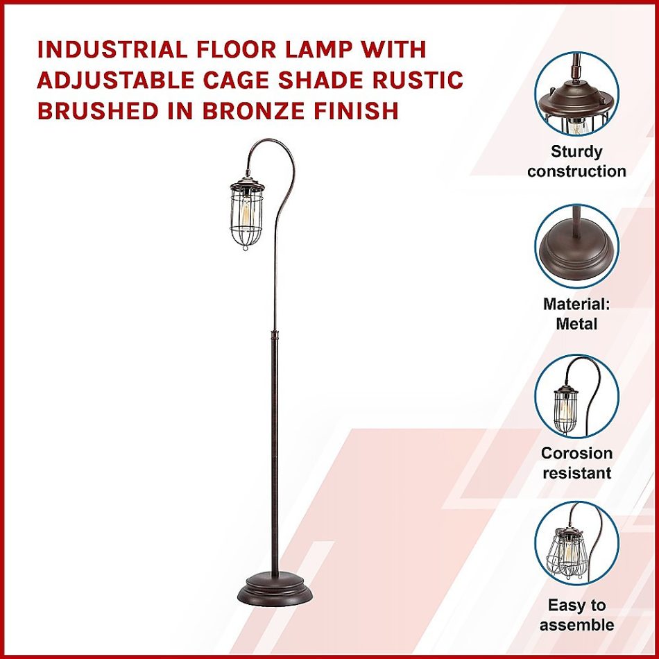 Industrial Floor Lamp with Adjustable Cage Shade Rustic Brushed in Bronze Finish - Image 3