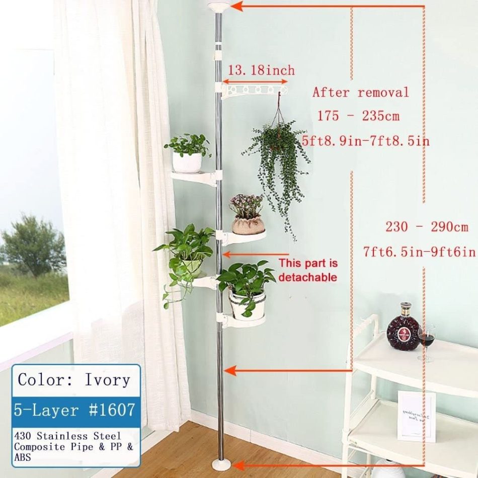 5-Tier Tension Rod Plant Holder Pole, Flower Display Stand Rack Stainless Steel Decorative Shelf, Ivory - Image 4