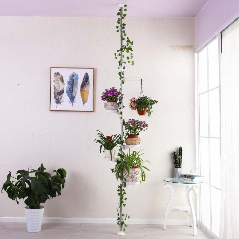 5-Tier Tension Rod Plant Holder Pole, Flower Display Stand Rack Stainless Steel Decorative Shelf, Ivory - Image 2