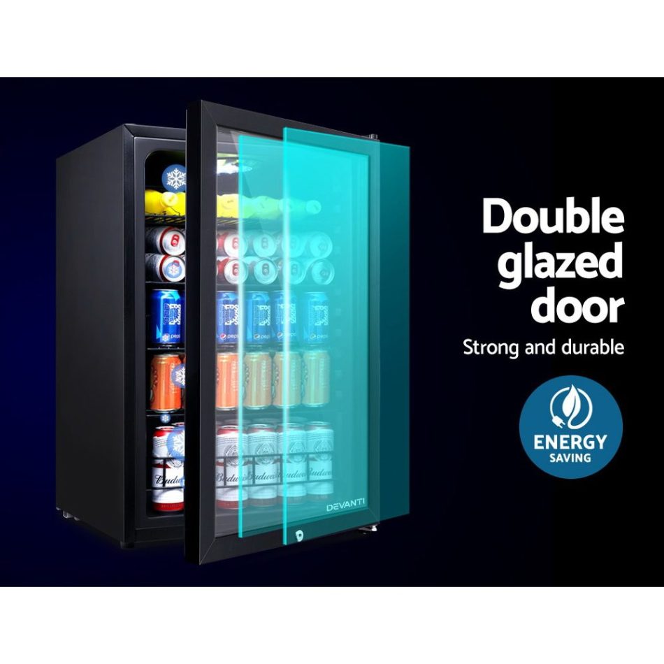 Devanti 115L Bar Fridge Glass Door w/Light Black - Image 3