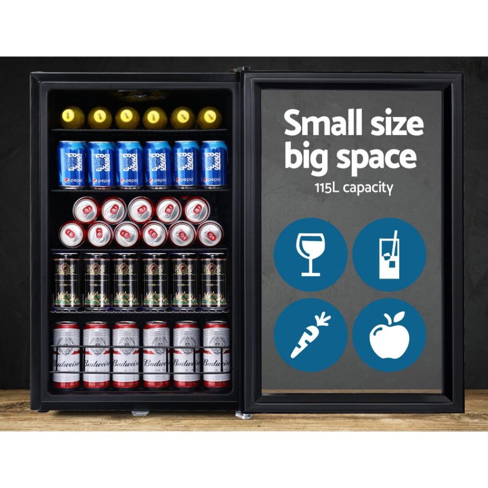Devanti 115L Bar Fridge Glass Door w/Light Black - Image 5