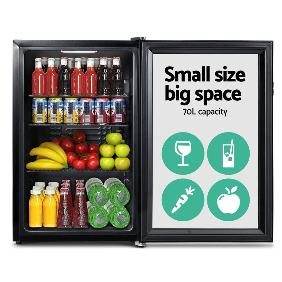 Devanti 70L Bar Fridge Glass Door w/Light Black - Image 3