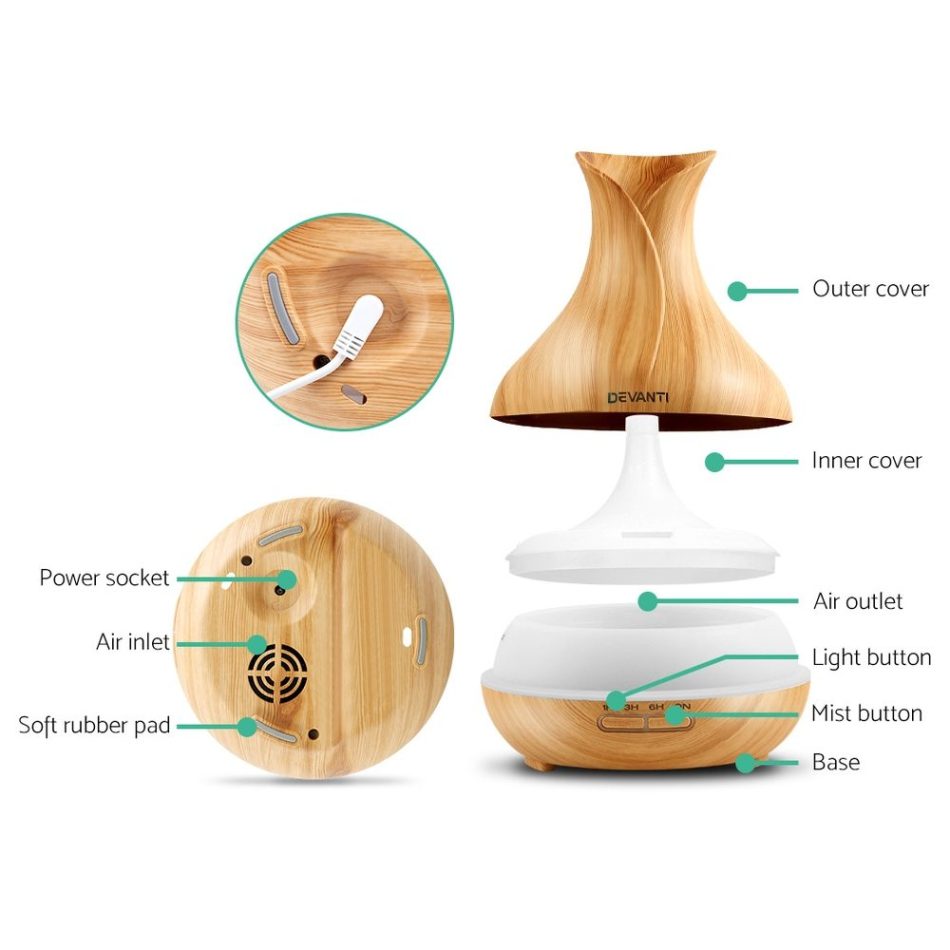 Devanti Aroma Diffuser Aromatherapy Light Wood 400ml - Image 3