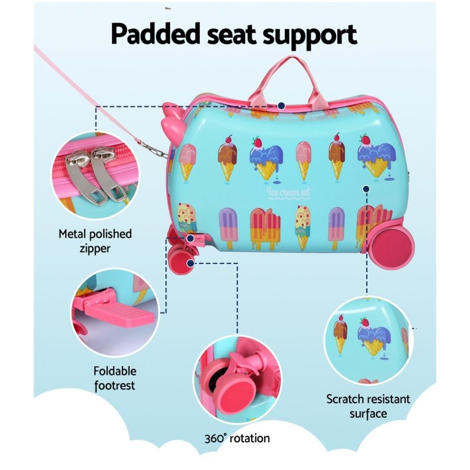 Wanderlite 17" Kids Ride On Luggage Children Suitcase Trolley Travel Ice Cream - Image 6