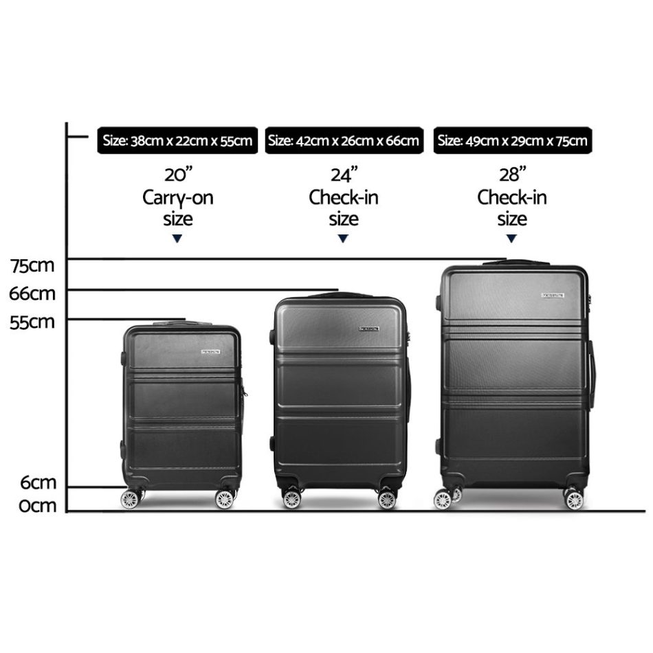 Wanderlite 3Set 20-24-28 Inch Luggage with TSA Lock Spinner Travel Suitcase Carry On Hard Shell Luggage Case Black - Image 2