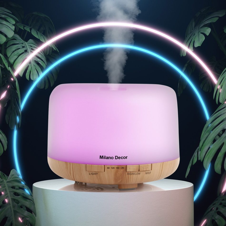 Milano Decor Mood Light Diffuser 500ml Ultrasonic Humidifier With 3 Pack Oils - Light Wood - Image 3