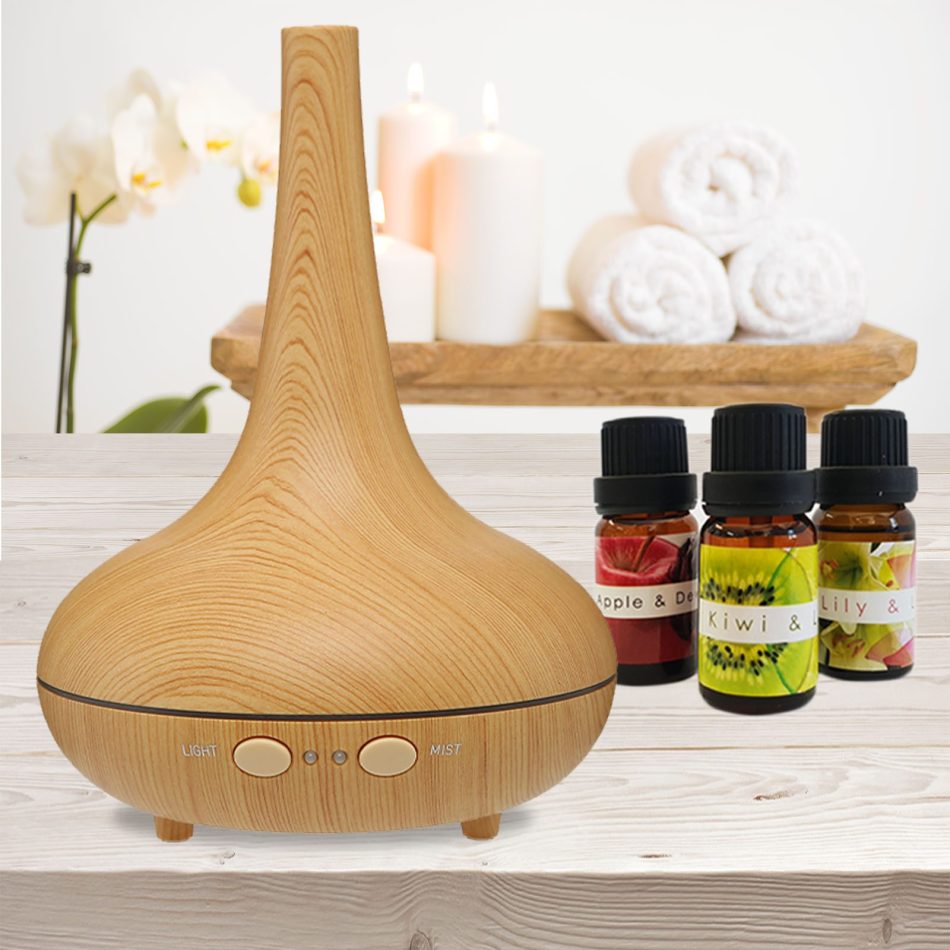 Essential Oil Diffuser Ultrasonic Humidifier Aromatherapy LED Light 200ML 3 Oils - Light Wood Grain - Image 2