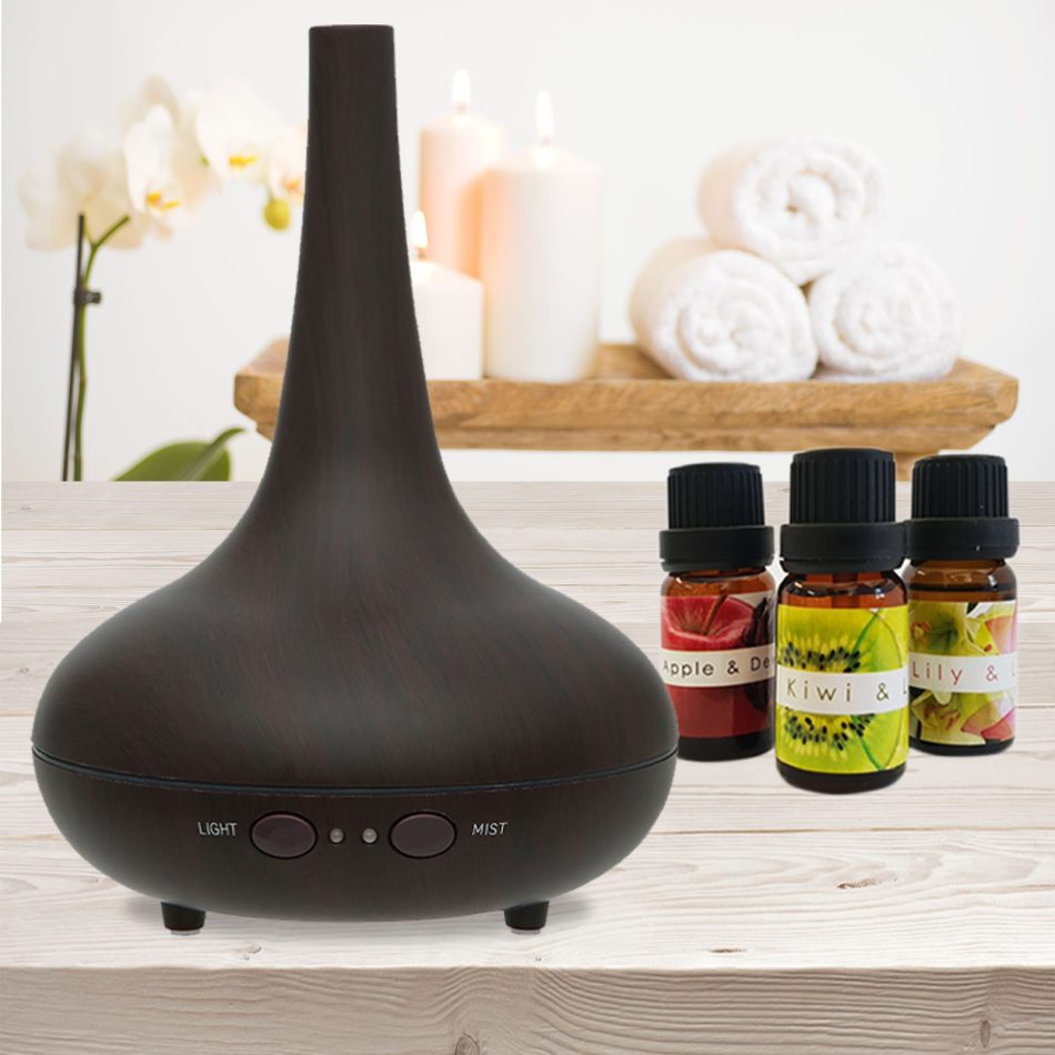 Essential Oil Diffuser Ultrasonic Humidifier Aromatherapy LED Light 200ML 3 Oils - Dark Wood Grain - Image 2