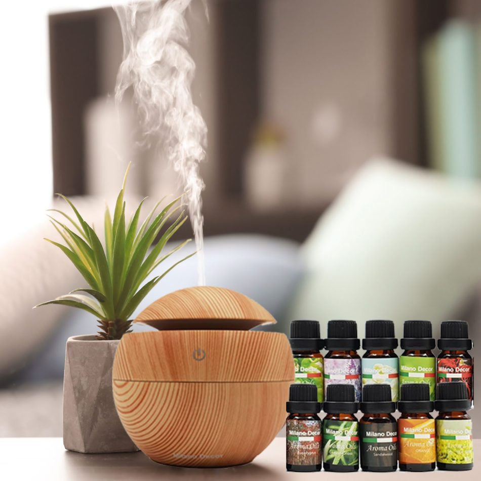Milano Ultrasonic USB Diffuser with 10 Aroma Oils Humidifier LED Light 130ml - Light Wood - Image 3