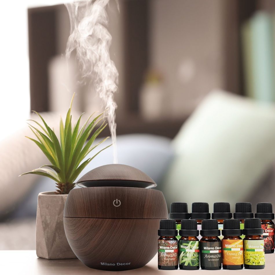 Milano Ultrasonic USB Diffuser with 10 Aroma Oils Humidifier LED Light 130ml - Dark Wood - Image 2