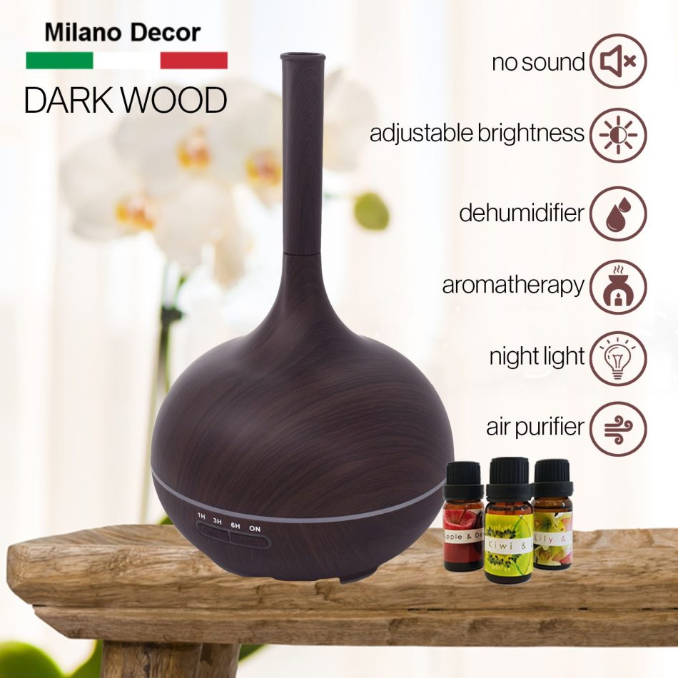Milano Supreme Ultrasonic 400ml Aromatherapy Humidifier Diffuser LED with 3 Oils - Dark Wood - Image 2