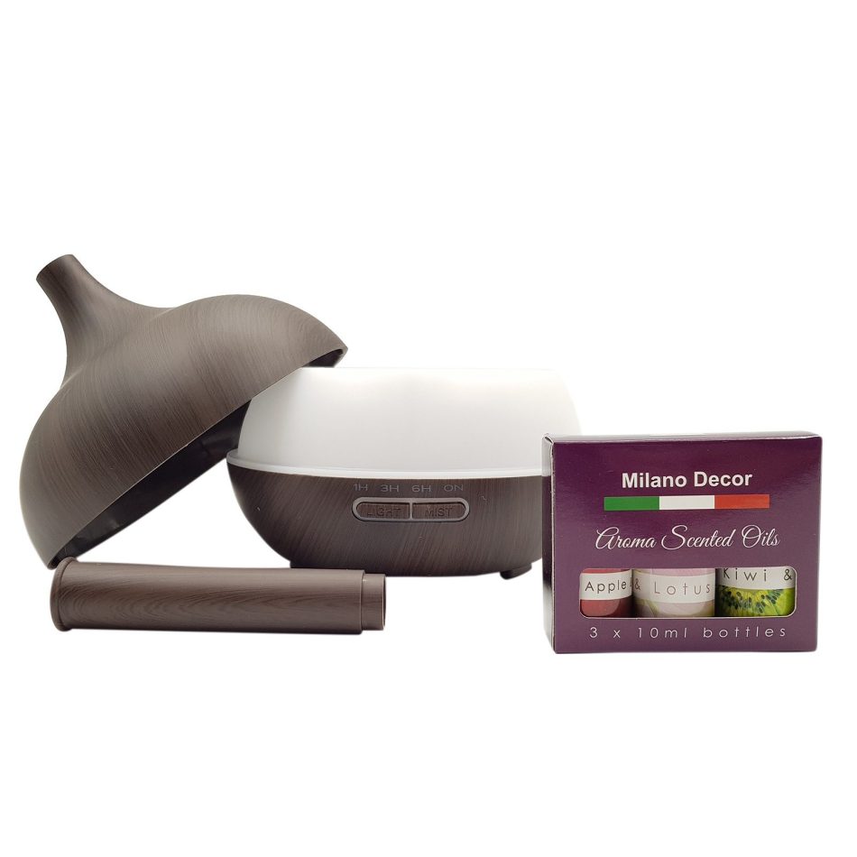 Milano Supreme Ultrasonic 400ml Aromatherapy Humidifier Diffuser LED with 3 Oils - Dark Wood - Image 4