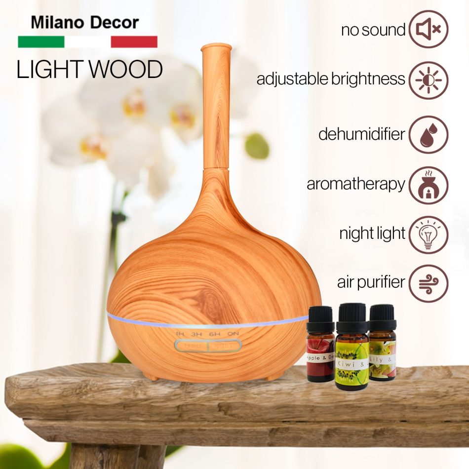 Milano Supreme Ultrasonic 400ml Aromatherapy Humidifier Diffuser LED with 3 Oils - Light Wood - Image 2