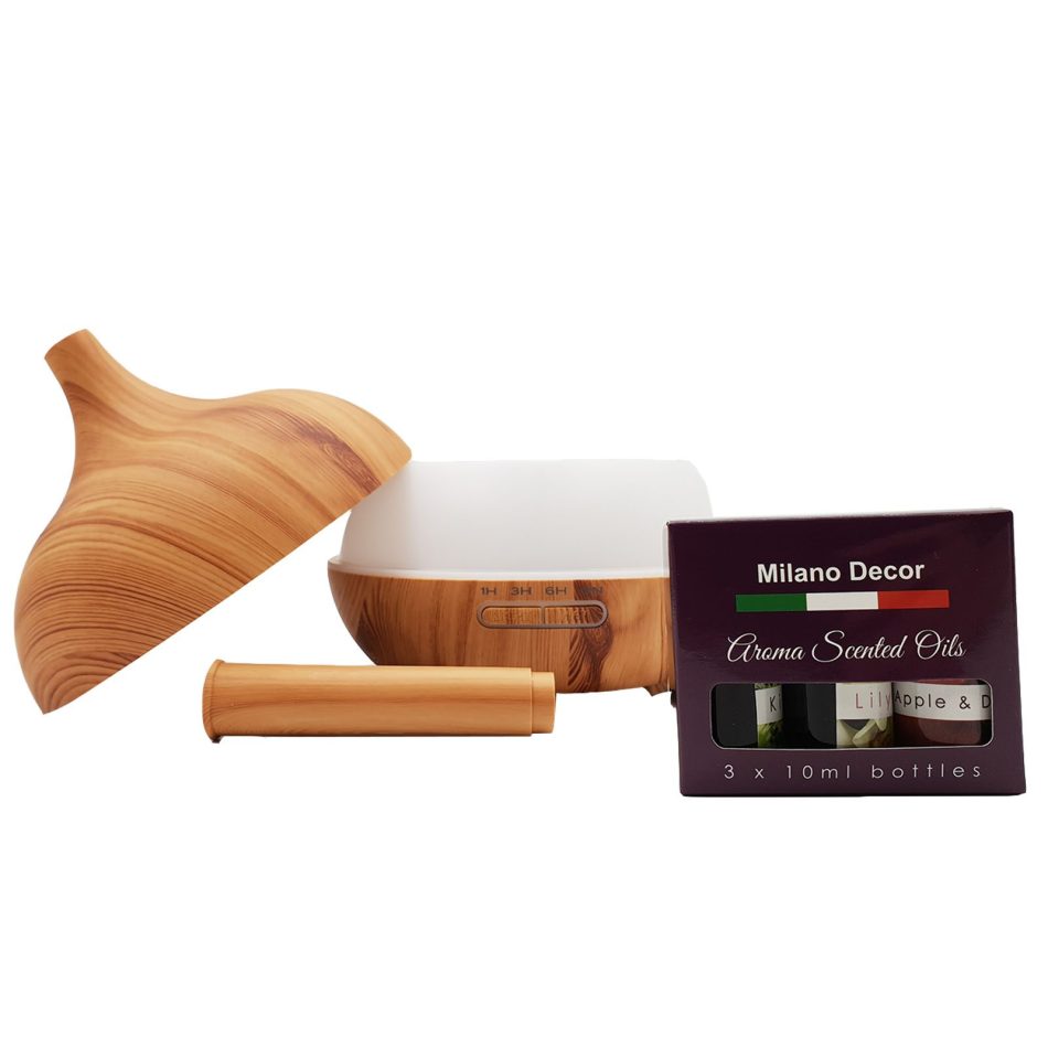 Milano Supreme Ultrasonic 400ml Aromatherapy Humidifier Diffuser LED with 3 Oils - Light Wood - Image 4
