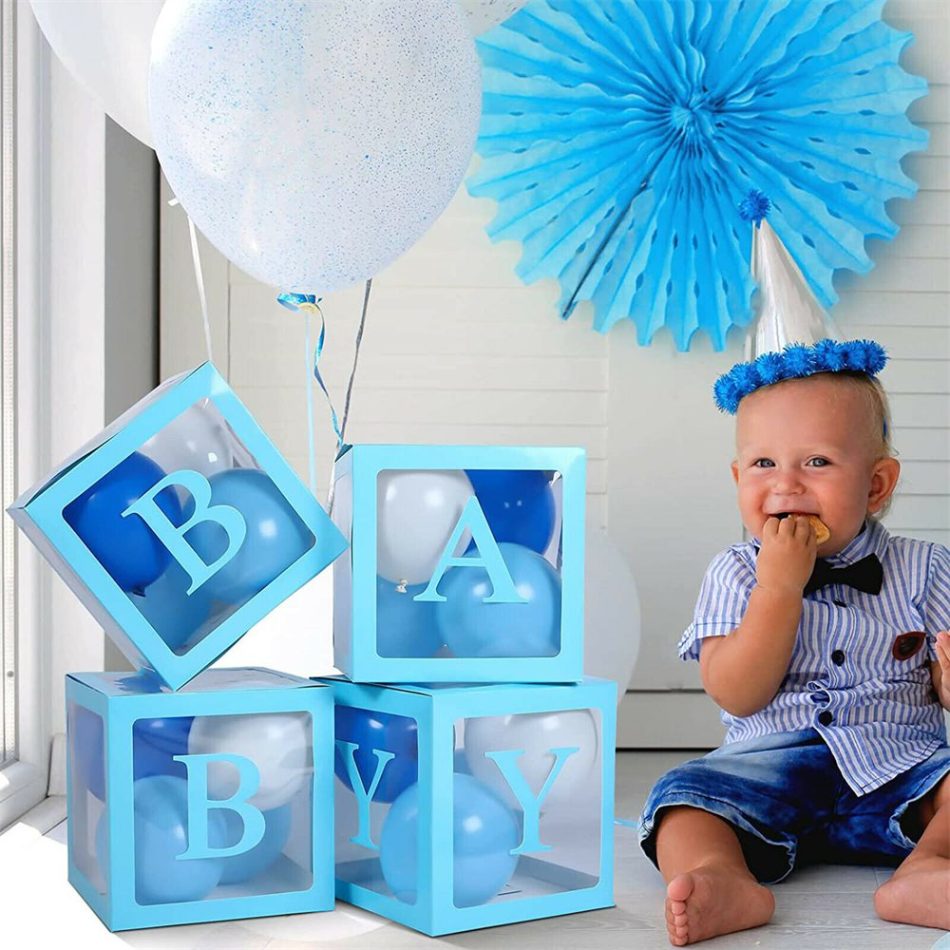 4PCS/Set BABY Balloon Box Cube Blue Boxes Birthday Boy Baby Shower Party Wedding - Image 2
