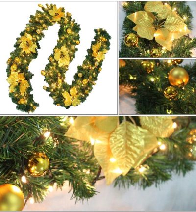 9FT Yellow Christmas Garland with LED Light Xmas Artificial Wreath Stairs Rattan Decor