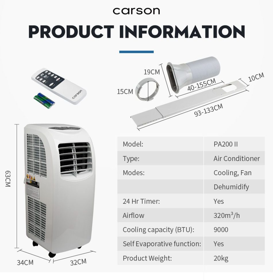 CARSON Portable Air Conditioner Mobile Fan Cooler Cooling Dehumidifier 9000BTU - Image 4