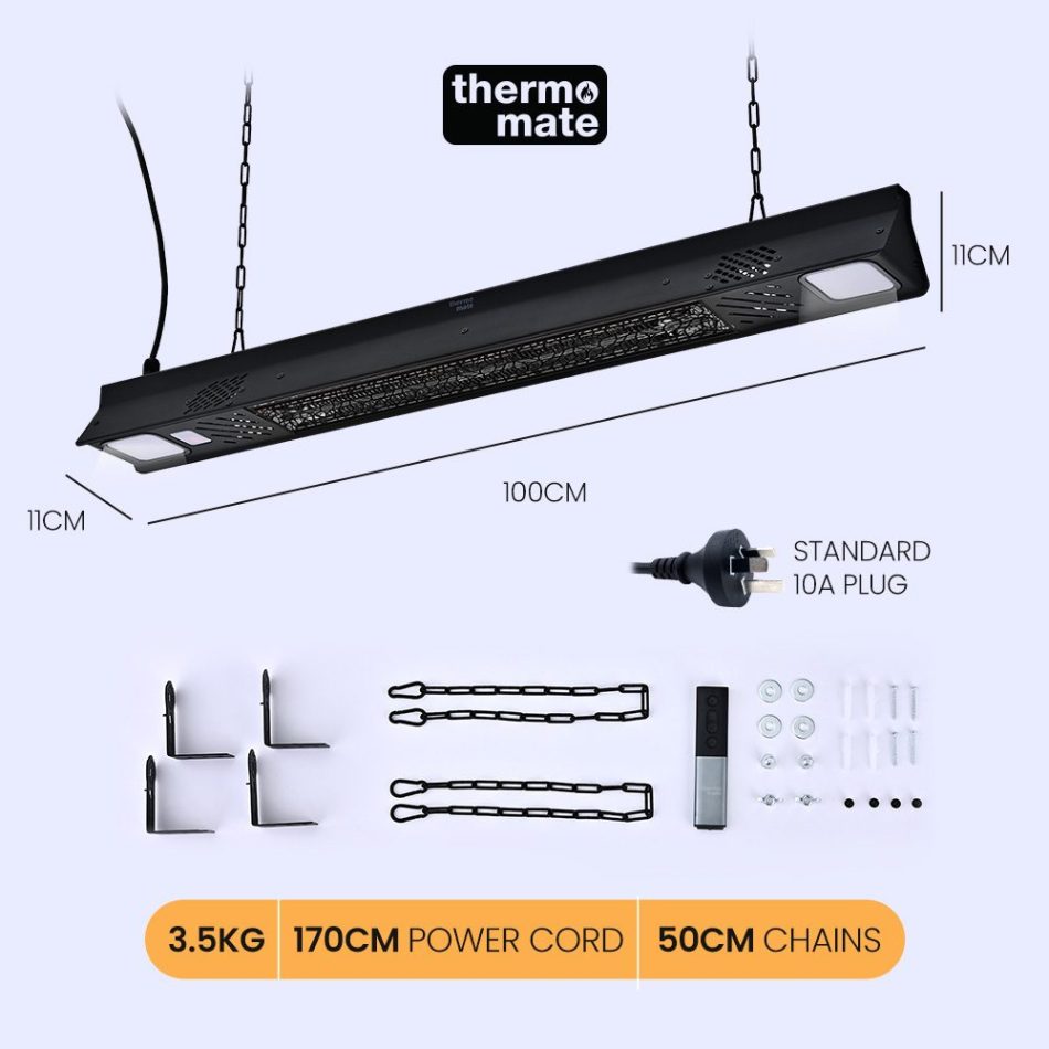 THERMOMATE 2000W Electric Outdoor Strip Heater, Carbon Fiber Element, Wall Ceiling or Hanging Mount, Remote , LED Screen, 9 Radiant Heat Settings, 24 Hr Timer - Image 2