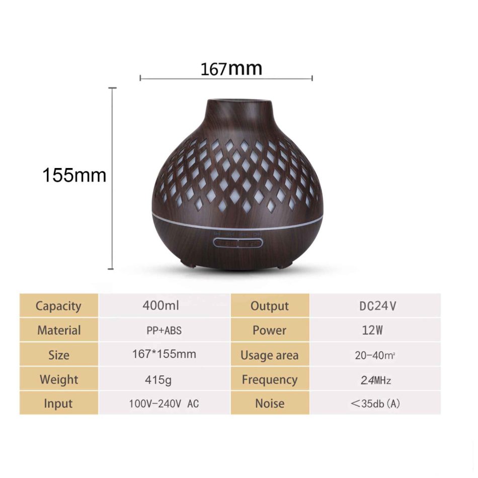 Essential Oil Aroma Diffuser and Remote - 400ml Hollowed Wood Mist Humidifier - Image 5
