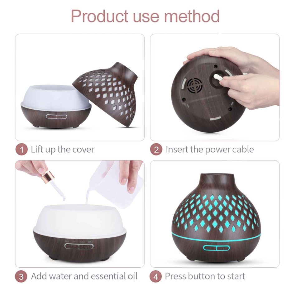 Essential Oil Aroma Diffuser and Remote - 400ml Hollowed Wood Mist Humidifier - Image 6