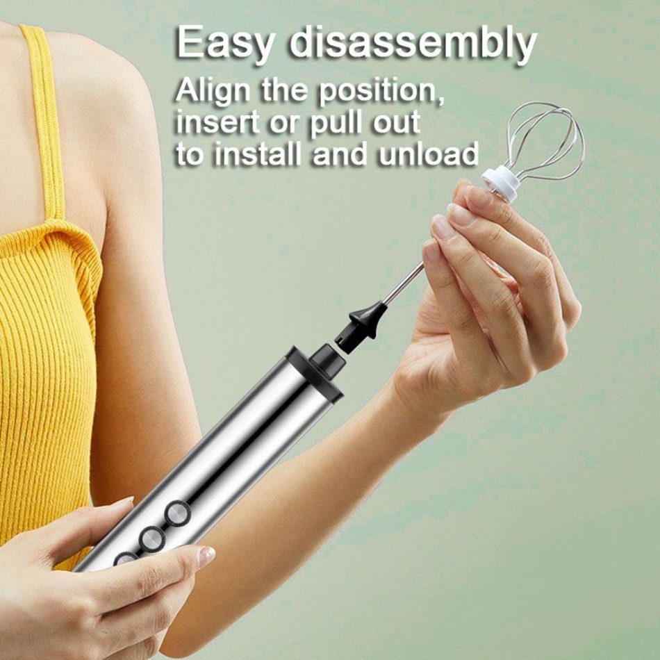 USB Charging Electric Egg Beater Milk Frother Handheld Drink Coffee Foamer Silver with 3 Stainless Steel Whisks - Image 7
