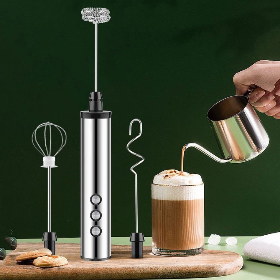 USB Charging Electric Egg Beater Milk Frother Handheld Drink Coffee Foamer Silver with 3 Stainless Steel Whisks - Image 2