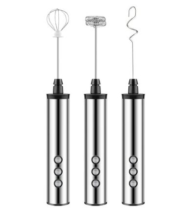 USB Charging Electric Egg Beater Milk Frother Handheld Drink Coffee Foamer Silver with 3 Stainless Steel Whisks
