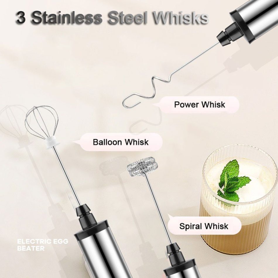 USB Charging Electric Egg Beater Milk Frother Handheld Drink Coffee Foamer Silver with 3 Stainless Steel Whisks - Image 3