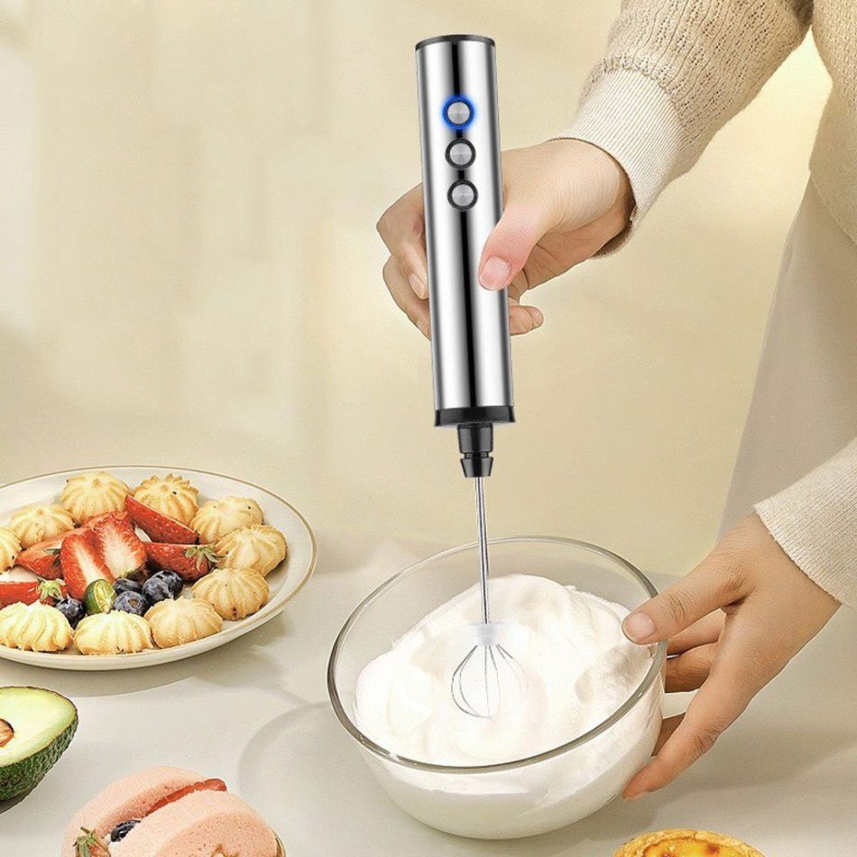 USB Charging Electric Egg Beater Milk Frother Handheld Drink Coffee Foamer Silver with 3 Stainless Steel Whisks - Image 5