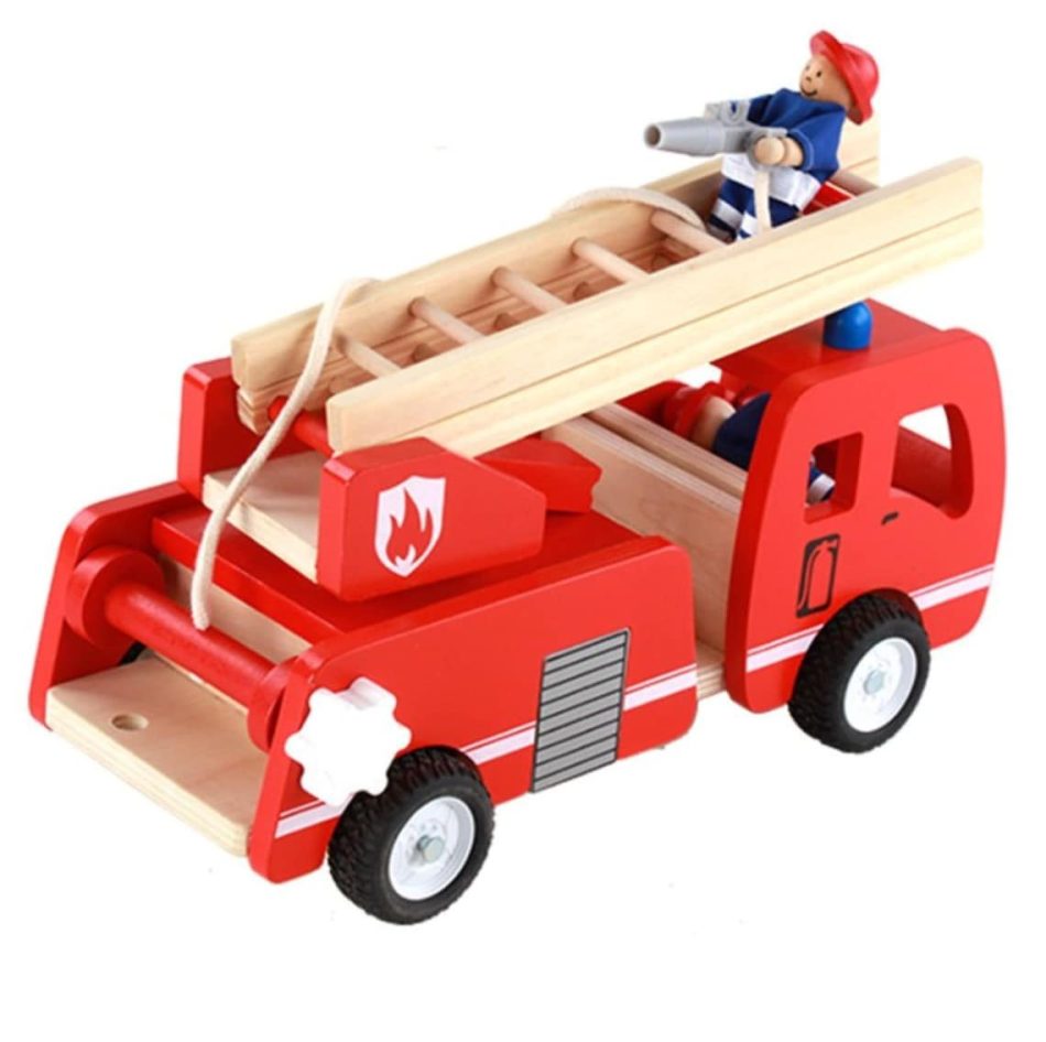 Fire truck wooden 3 years + with ladder and firemen Fire engine Red - Image 3