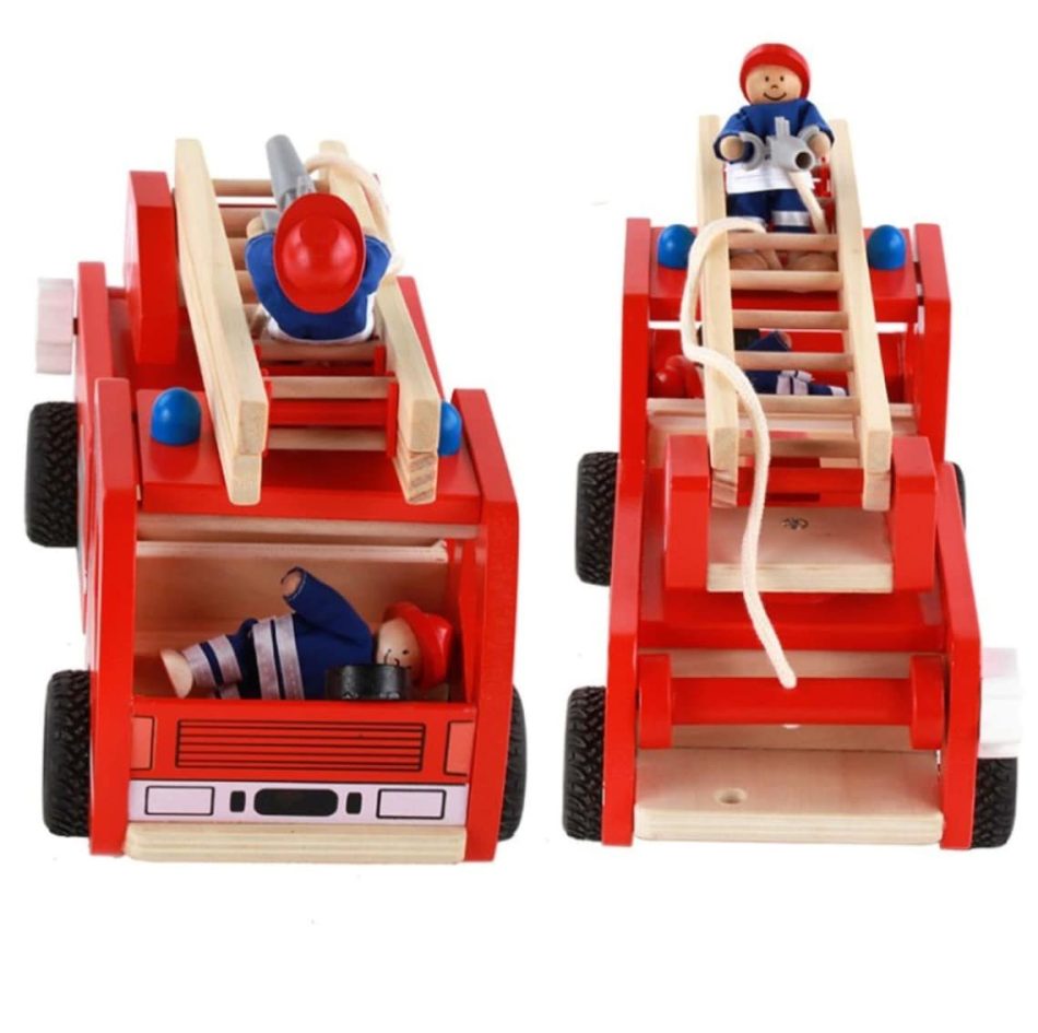 Fire truck wooden 3 years + with ladder and firemen Fire engine Red - Image 5