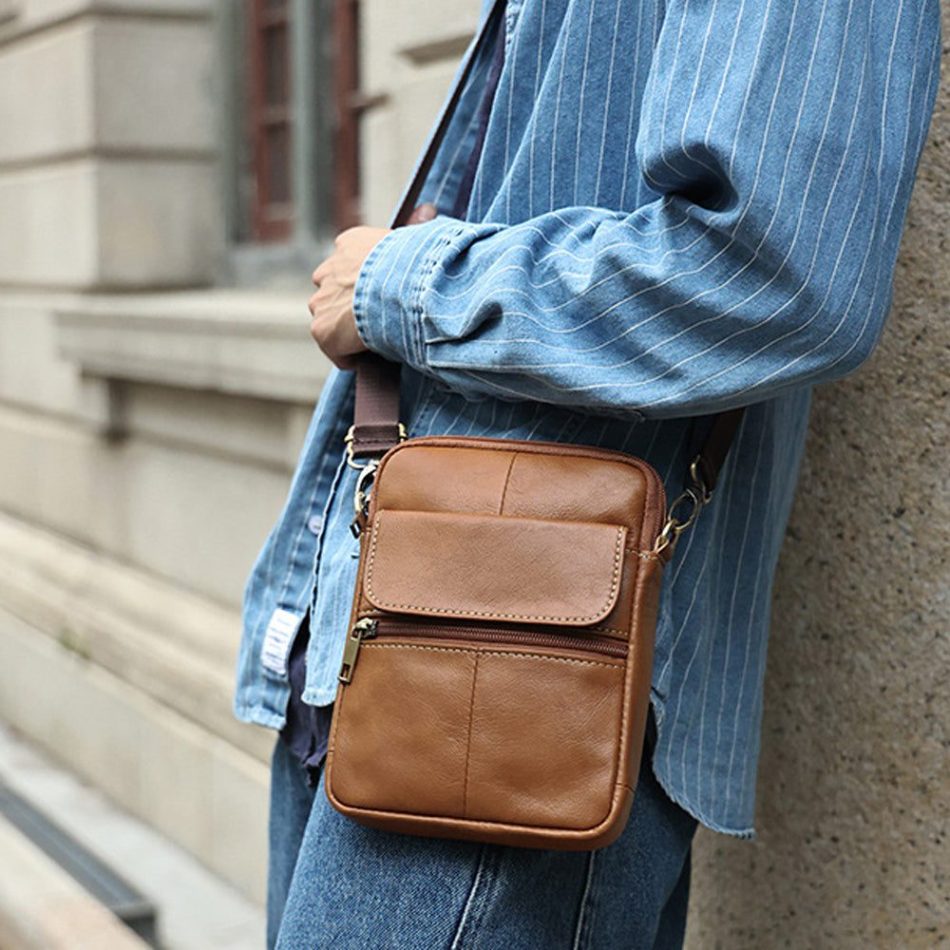 Genuine leather men's crossbody bag oiled wax leather Satchel Crossbody Bag (Black) - Image 2
