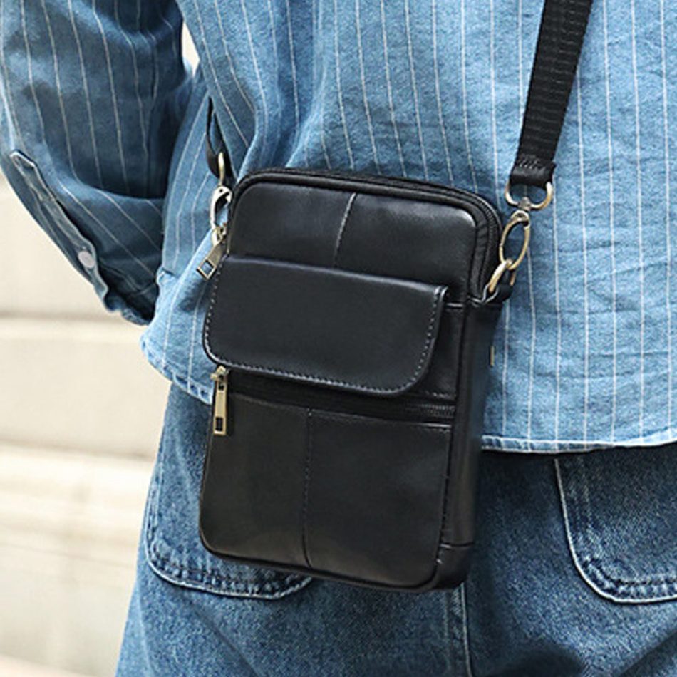 Genuine leather men's crossbody bag oiled wax leather Satchel Crossbody Bag (Black) - Image 3