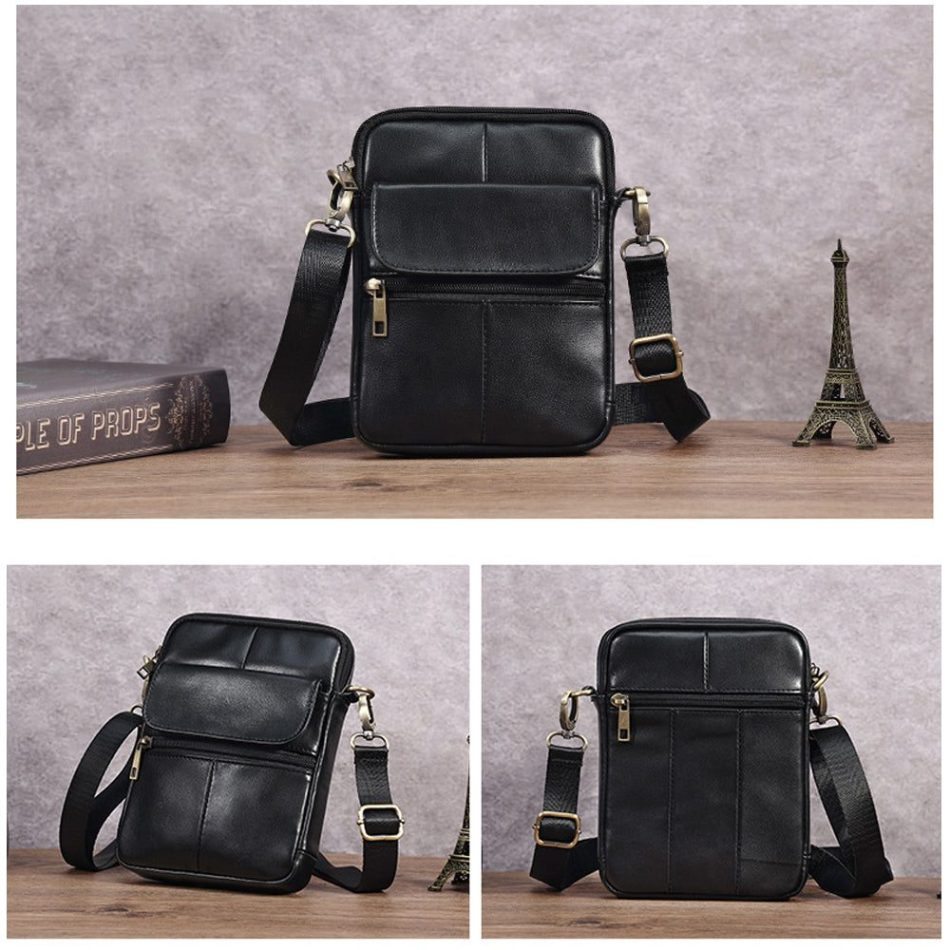 Genuine leather men's crossbody bag oiled wax leather Satchel Crossbody Bag (Black) - Image 8