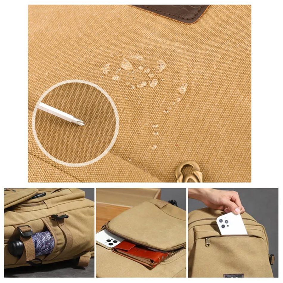 Unisex Leisure Canvas Backpack Durable Waterproof Outdoor Travel Rucksack(Khaki) - Image 5