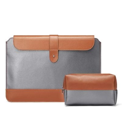 13-14 Inch Horizontal Microfiber Notebook Liner & Power Bag - Gray & Brown