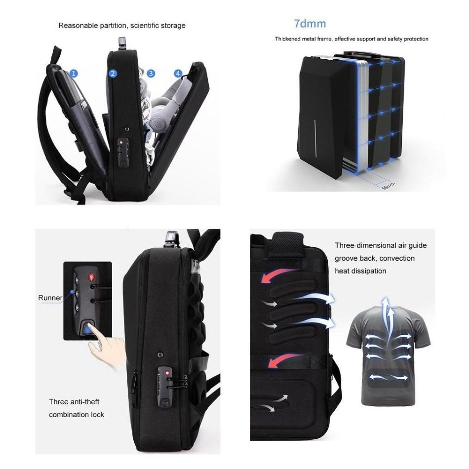 Anti-theft Hard Shell Backpack for Men with Alloy Frame - Gray - Image 5