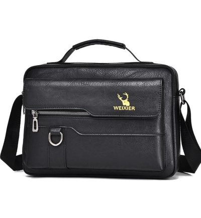 Leather Men Shoulder Bag Business Laptop Case Retro Design - Black