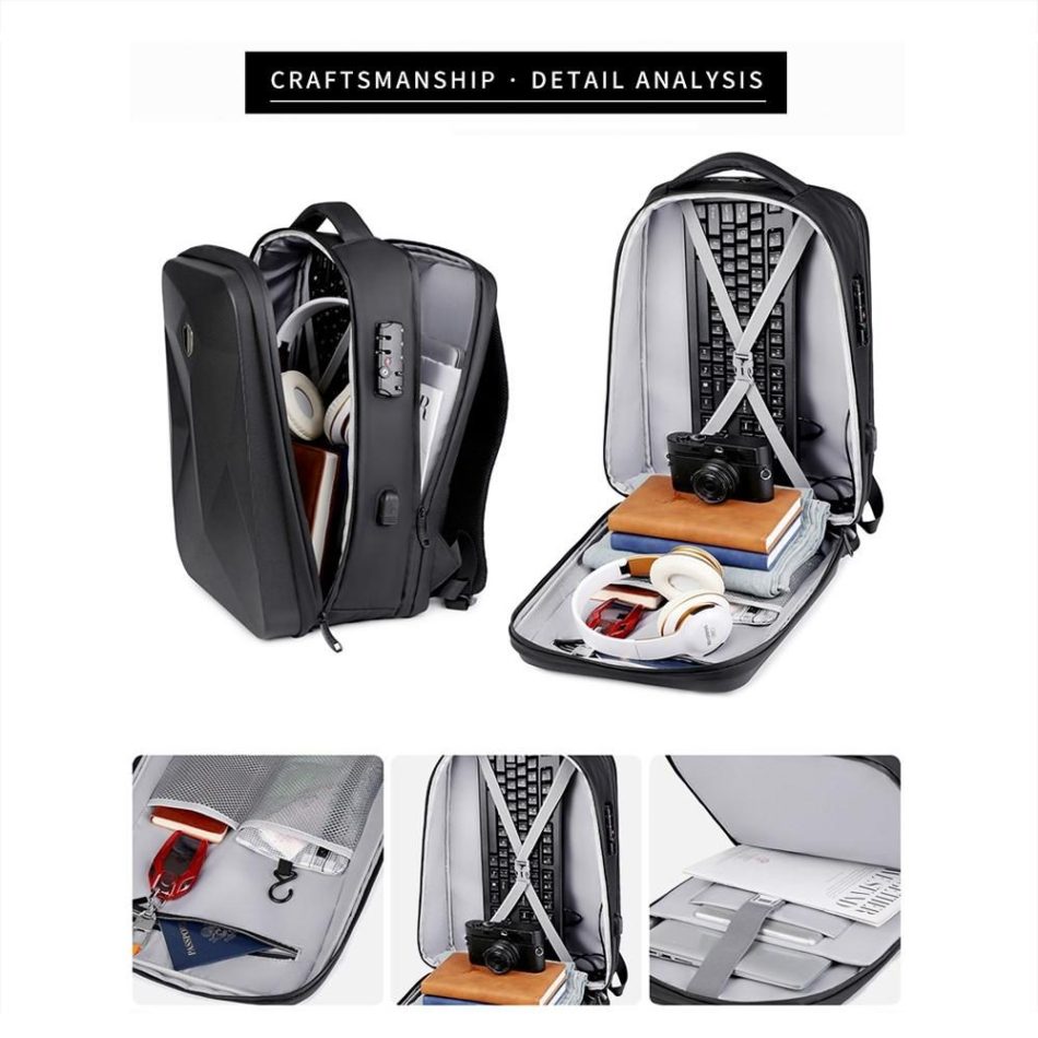Waterproof Laptop Backpack with Usb Port - 17 Inch Capacity Password Lock - Black - Image 6