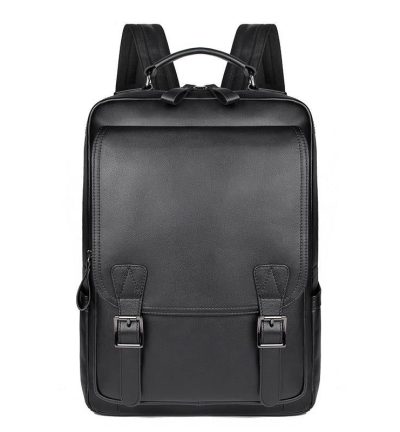 Men Black Cowhide Leather Backpack for Casual Business with Laptop Compartment