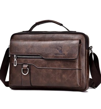 Leather Men Shoulder Bag Business Laptop Case Retro Design - Dark Brown