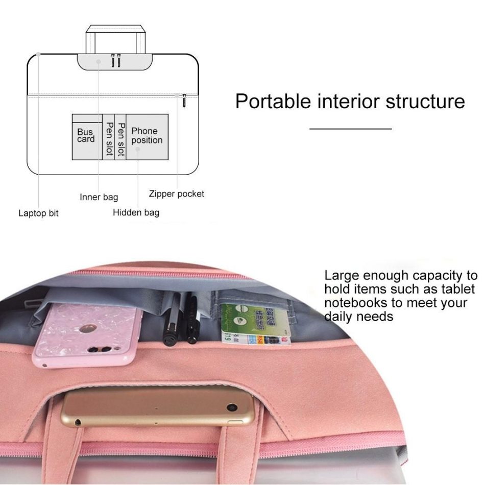 Waterproof Portable One-Shoulder Handbag For 13.3 Laptops With Hidden Zipper And Suitcase Belt - Pink - Image 10