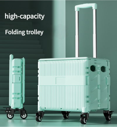 Foldable Rolling Storage Cart with Telescopic Handle - Large Capacity, Portable Utility Box  45L Green