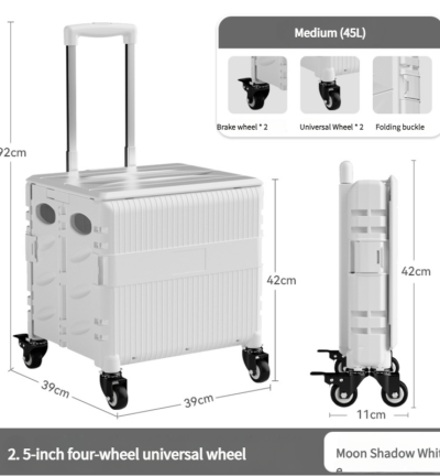 Foldable Rolling Storage Cart with Telescopic Handle - Large Capacity, Portable Utility Box  45L white