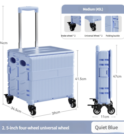 Foldable Rolling Storage Cart with Telescopic Handle - Large Capacity, Portable Utility Box  45L blue