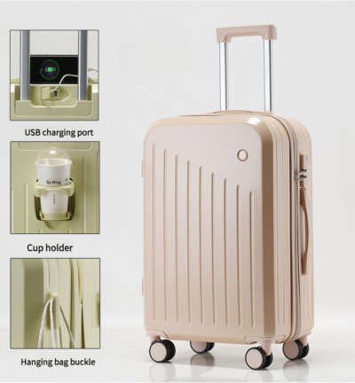 Smart Carry-On Luggage with Cup Holder & USB Charging Port - Pink Color Spinner Suitcase for Travel Convenience  24 inch