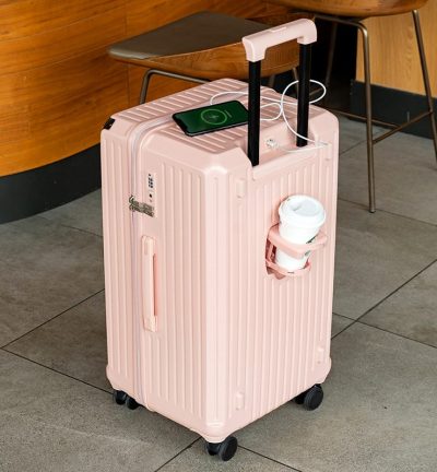 Smart Hard-Shell Luggage with USB Charging Port & Cup Holder - 24"Spinner Suitcase in Pink