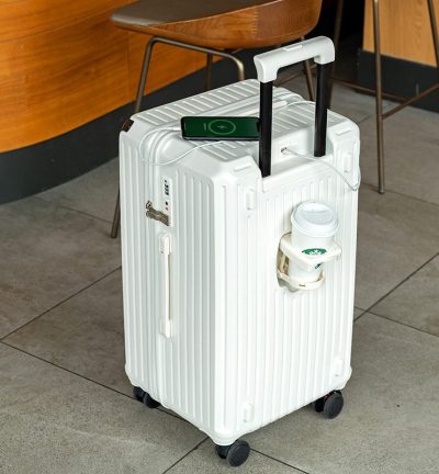 Smart Hard-Shell Luggage with USB Charging Port & Cup Holder - 24"Spinner Suitcase in White